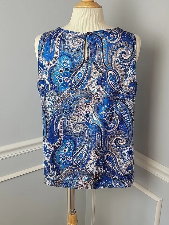 ANN TAYLOR PETITE Blue Pink Paisley Floral Keyhole Sleeveless Career Top LP - Picture 3 of 7